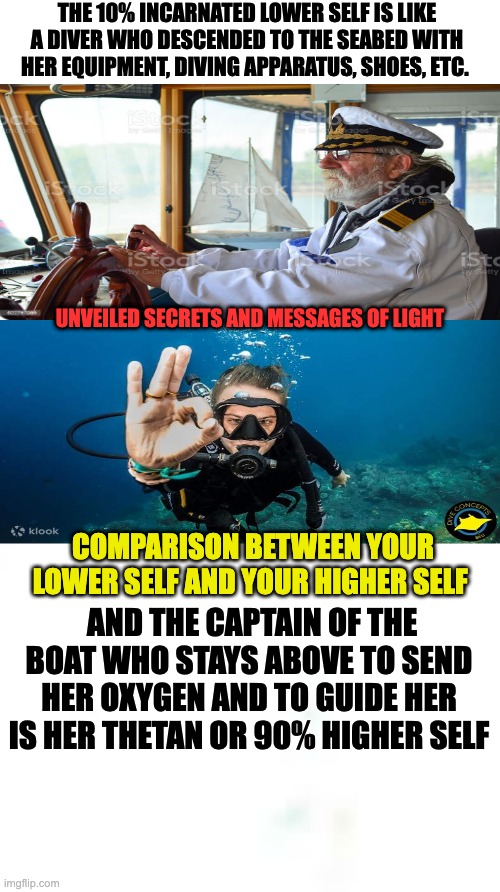 lower and higher self | THE 10% INCARNATED LOWER SELF IS LIKE A DIVER WHO DESCENDED TO THE SEABED WITH HER EQUIPMENT, DIVING APPARATUS, SHOES, ETC. UNVEILED SECRETS AND MESSAGES OF LIGHT; COMPARISON BETWEEN YOUR LOWER SELF AND YOUR HIGHER SELF; AND THE CAPTAIN OF THE BOAT WHO STAYS ABOVE TO SEND HER OXYGEN AND TO GUIDE HER IS HER THETAN OR 90% HIGHER SELF | image tagged in consciousness | made w/ Imgflip meme maker