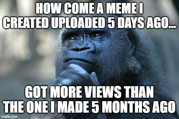 Deep Thoughts | HOW COME A MEME I CREATED UPLOADED 5 DAYS AGO... GOT MORE VIEWS THAN THE ONE I MADE 5 MONTHS AGO | image tagged in deep thoughts | made w/ Imgflip meme maker