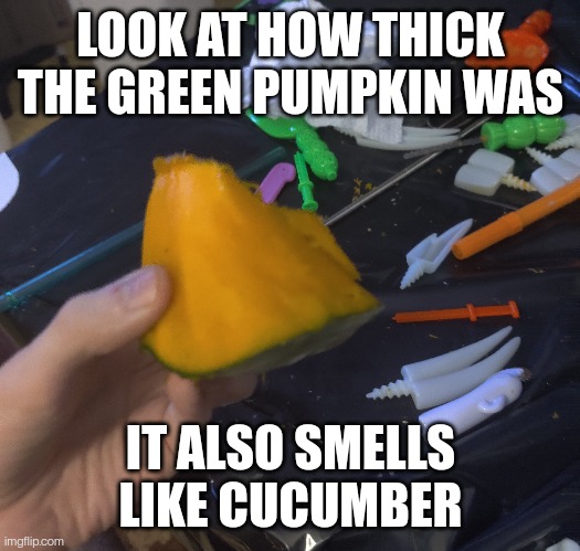 LOOK AT HOW THICK THE GREEN PUMPKIN WAS IT ALSO SMELLS LIKE CUCUMBER | made w/ Imgflip meme maker