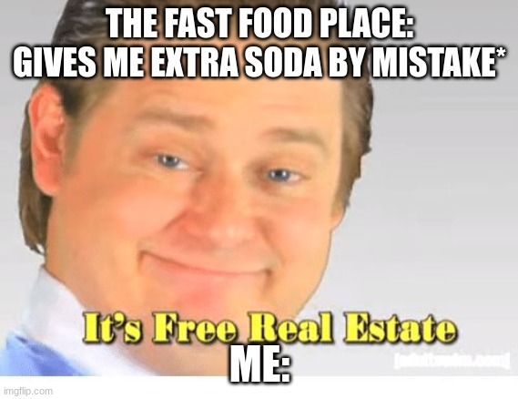 it happened earlier lol | THE FAST FOOD PLACE: GIVES ME EXTRA SODA BY MISTAKE*; ME: | image tagged in it's free real estate | made w/ Imgflip meme maker