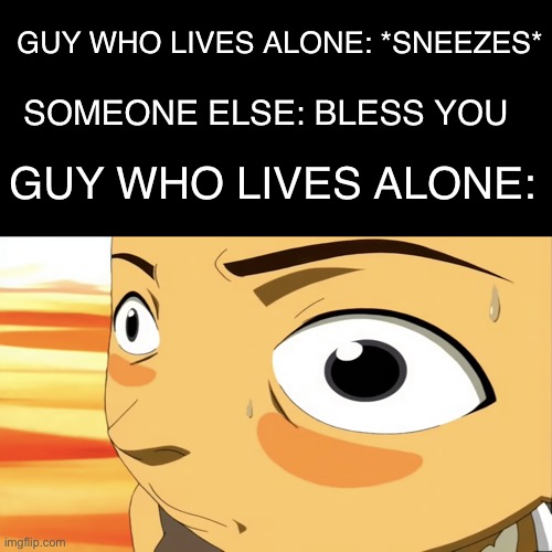 Who's there? | GUY WHO LIVES ALONE: *SNEEZES*; SOMEONE ELSE: BLESS YOU; GUY WHO LIVES ALONE: | image tagged in stressed sokka,memes,scary,spooky | made w/ Imgflip meme maker