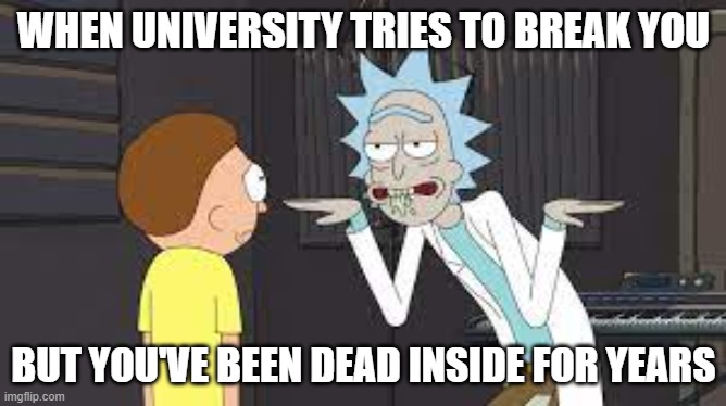 Can't Break Me | WHEN UNIVERSITY TRIES TO BREAK YOU; BUT YOU'VE BEEN DEAD INSIDE FOR YEARS | image tagged in smug rick | made w/ Imgflip meme maker