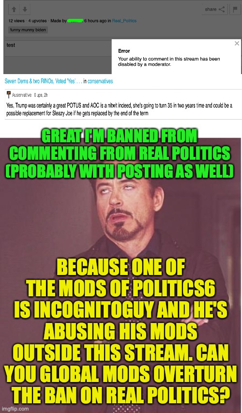 This war between me and Incognito has gone to the next level, now banned from politics6 even though I haven't posted any liberal | GREAT I'M BANNED FROM COMMENTING FROM REAL POLITICS (PROBABLY WITH POSTING AS WELL); BECAUSE ONE OF THE MODS OF POLITICS6 IS INCOGNITOGUY AND HE'S ABUSING HIS MODS OUTSIDE THIS STREAM. CAN YOU GLOBAL MODS OVERTURN THE BAN ON REAL POLITICS? | image tagged in face you make robert downey jr,real politics,britishmormon,is incognito guy,mod abuse,corruption | made w/ Imgflip meme maker