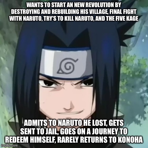 Again, again, true and true | WANTS TO START AN NEW REVOLUTION BY DESTROYING AND REBUILDING HIS VILLAGE, FINAL FIGHT WITH NARUTO, TRY’S TO KILL NARUTO, AND THE FIVE KAGE; ADMITS TO NARUTO HE LOST, GETS SENT TO JAIL, GOES ON A JOURNEY TO REDEEM HIMSELF, RARELY RETURNS TO KONOHA | image tagged in sasuke,memes,naruto shippuden,revolution,naruto vs sasuke | made w/ Imgflip meme maker