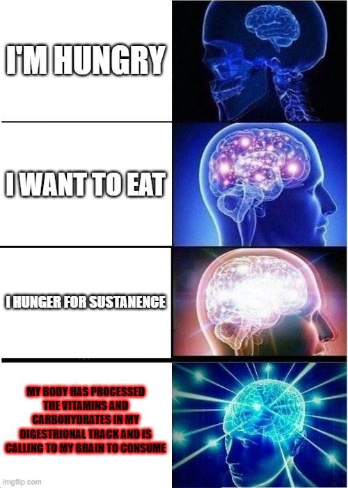 Expanding Brain | I'M HUNGRY; I WANT TO EAT; I HUNGER FOR SUSTANENCE; MY BODY HAS PROCESSED THE VITAMINS AND CARBOHYDRATES IN MY DIGESTRIONAL TRACK AND IS CALLING TO MY BRAIN TO CONSUME | image tagged in memes,expanding brain | made w/ Imgflip meme maker