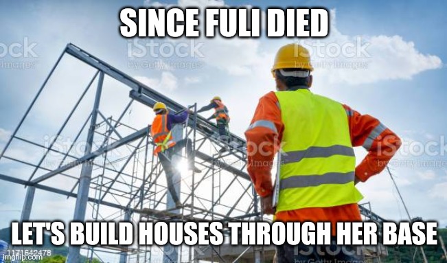 and Kion's base also | SINCE FULI DIED; LET'S BUILD HOUSES THROUGH HER BASE | image tagged in construction,memes | made w/ Imgflip meme maker