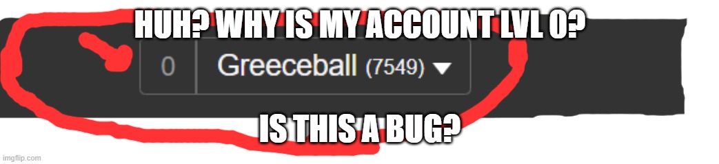 what? | HUH? WHY IS MY ACCOUNT LVL 0? IS THIS A BUG? | image tagged in bug,glitch,pls fix | made w/ Imgflip meme maker
