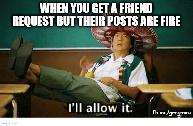 Incoming Friend Requests be like | WHEN YOU GET A FRIEND REQUEST BUT THEIR POSTS ARE FIRE; fb.me/gregosnz | image tagged in i ll allow it | made w/ Imgflip meme maker