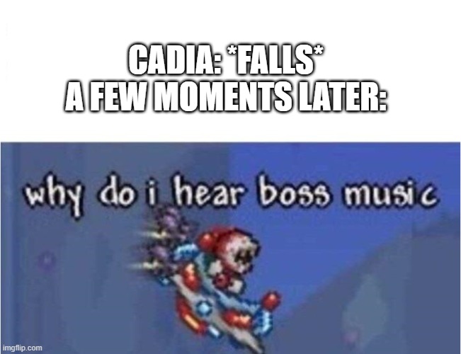 the planet broke before the guard did... o7 | CADIA: *FALLS*
A FEW MOMENTS LATER: | image tagged in why do i hear boss music | made w/ Imgflip meme maker