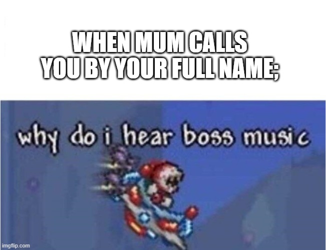 why do i hear boss music | WHEN MUM CALLS YOU BY YOUR FULL NAME; | image tagged in why do i hear boss music | made w/ Imgflip meme maker