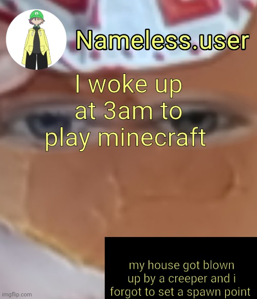 I don't think it'd work anyway since my bed was in my house | I woke up at 3am to play minecraft; my house got blown up by a creeper and i forgot to set a spawn point | image tagged in name | made w/ Imgflip meme maker