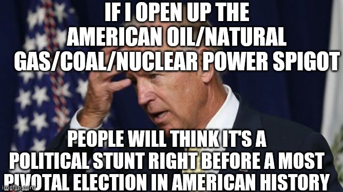 Do it Joe, Just Do it, For Love of Country, Joe, Just Do It | IF I OPEN UP THE AMERICAN OIL/NATURAL GAS/COAL/NUCLEAR POWER SPIGOT; PEOPLE WILL THINK IT'S A POLITICAL STUNT RIGHT BEFORE A MOST PIVOTAL ELECTION IN AMERICAN HISTORY | image tagged in joe biden worries,beggar,on purpose,inflation,is a tax | made w/ Imgflip meme maker