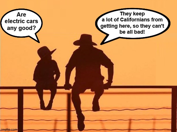 They keep
a lot of Californians from
getting here, so they can't
be all bad! Are
electric cars
any good? | image tagged in memes,electric vehicles,democrats,california,cowboy father and son,climate change | made w/ Imgflip meme maker