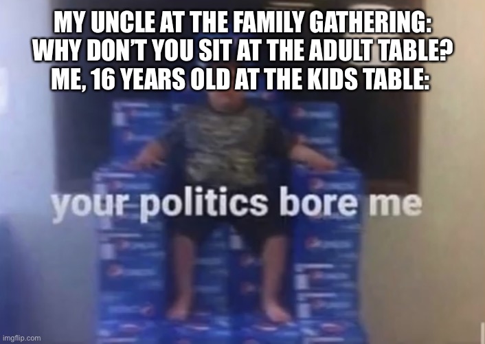 Your politics bore me | MY UNCLE AT THE FAMILY GATHERING: WHY DON’T YOU SIT AT THE ADULT TABLE?
ME, 16 YEARS OLD AT THE KIDS TABLE: | image tagged in your politics bore me | made w/ Imgflip meme maker
