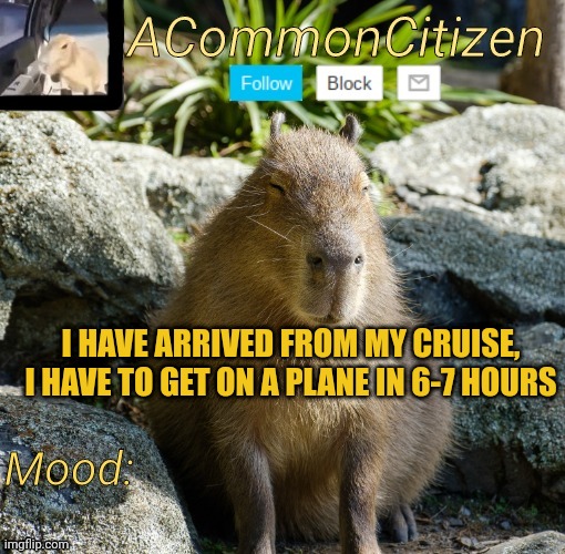 The fitness gram pace test is a multi staged aerobic capacity test--- | I HAVE ARRIVED FROM MY CRUISE, I HAVE TO GET ON A PLANE IN 6-7 HOURS | image tagged in common citizen | made w/ Imgflip meme maker