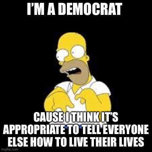 Woke tyrants | I’M A DEMOCRAT; CAUSE I THINK IT’S APPROPRIATE TO TELL EVERYONE ELSE HOW TO LIVE THEIR LIVES | image tagged in look marge,libtards | made w/ Imgflip meme maker