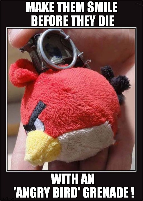 Military Humour ! | MAKE THEM SMILE  BEFORE THEY DIE; WITH AN
 'ANGRY BIRD' GRENADE ! | image tagged in military,angry bird,grenade,dark humour | made w/ Imgflip meme maker