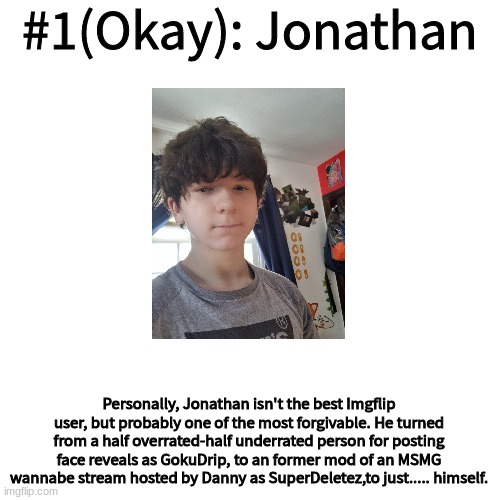 Blank Transparent Square Meme | #1(Okay): Jonathan; Personally, Jonathan isn't the best Imgflip user, but probably one of the most forgivable. He turned from a half overrated-half underrated person for posting face reveals as GokuDrip, to an former mod of an MSMG wannabe stream hosted by Danny as SuperDeletez,to just..... himself. | image tagged in memes,blank transparent square | made w/ Imgflip meme maker