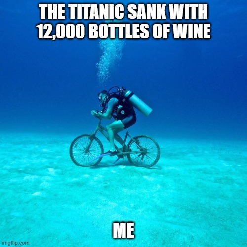 The Titanic sank with 12,000 bottles of wine | THE TITANIC SANK WITH 12,000 BOTTLES OF WINE; ME | image tagged in titanic,titanic sinking,wine | made w/ Imgflip meme maker