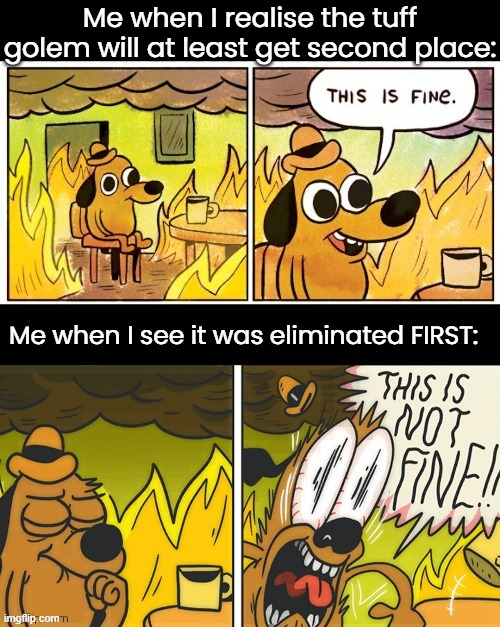 this is fine | Me when I realise the tuff golem will at least get second place:; Me when I see it was eliminated FIRST: | image tagged in this is fine | made w/ Imgflip meme maker