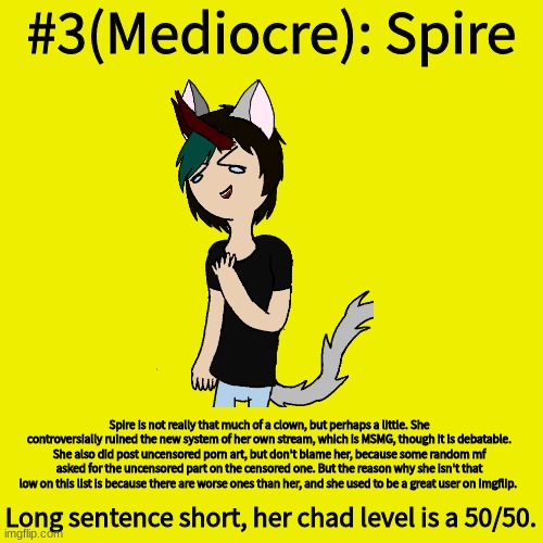 Blank Transparent Square Meme | #3(Mediocre): Spire; Spire is not really that much of a clown, but perhaps a little. She controversially ruined the new system of her own stream, which is MSMG, though it is debatable. She also did post uncensored porn art, but don't blame her, because some random mf asked for the uncensored part on the censored one. But the reason why she isn't that low on this list is because there are worse ones than her, and she used to be a great user on Imgflip. Long sentence short, her chad level is a 50/50. | image tagged in memes,blank transparent square | made w/ Imgflip meme maker