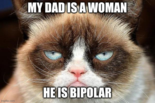 Bipolar dad | MY DAD IS A WOMAN; HE IS BIPOLAR | image tagged in memes,grumpy cat not amused,grumpy cat | made w/ Imgflip meme maker