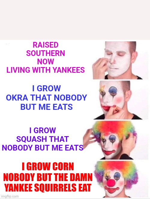 Yankees | RAISED SOUTHERN
NOW
LIVING WITH YANKEES; I GROW OKRA THAT NOBODY BUT ME EATS; I GROW SQUASH THAT NOBODY BUT ME EATS; I GROW CORN NOBODY BUT THE DAMN YANKEE SQUIRRELS EAT | image tagged in memes,clown applying makeup,north vs south,yankees,southern cooking,northern cooking | made w/ Imgflip meme maker