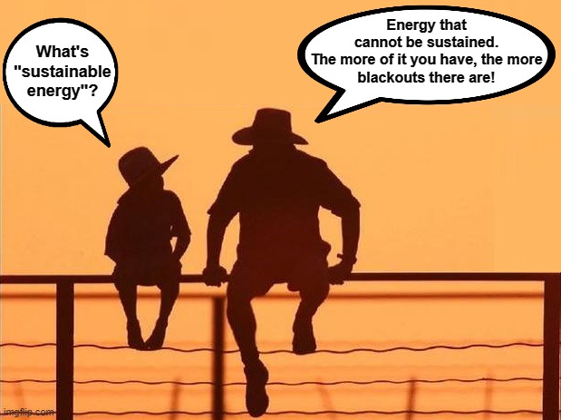 Energy that
cannot be sustained.
The more of it you have, the more
blackouts there are! What's
"sustainable
energy"? | image tagged in memes,democrats,lies,sustainable energy,climate change,global warming | made w/ Imgflip meme maker