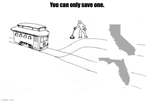 You can only save one. (California or Florida) | You can only save one. | image tagged in the trolley problem | made w/ Imgflip meme maker