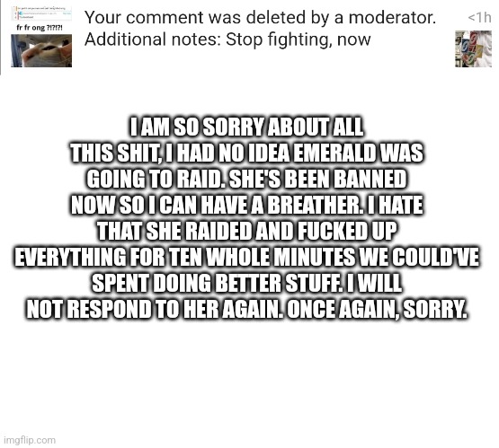 *please read* | I AM SO SORRY ABOUT ALL THIS SHIT, I HAD NO IDEA EMERALD WAS GOING TO RAID. SHE'S BEEN BANNED NOW SO I CAN HAVE A BREATHER. I HATE THAT SHE RAIDED AND FUCKED UP EVERYTHING FOR TEN WHOLE MINUTES WE COULD'VE SPENT DOING BETTER STUFF. I WILL NOT RESPOND TO HER AGAIN. ONCE AGAIN, SORRY. | image tagged in blank white template | made w/ Imgflip meme maker