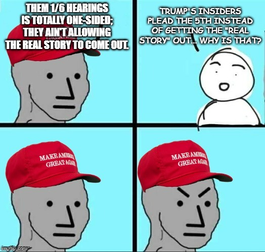 The go-to MAGAt 'splain-away on the 1/6 hearings falls apart under scrutiny. | THEM 1/6 HEARINGS IS TOTALLY ONE-SIDED; THEY AIN'T ALLOWING THE REAL STORY TO COME OUT. TRUMP'S INSIDERS PLEAD THE 5TH INSTEAD OF GETTING THE "REAL STORY" OUT... WHY IS THAT? | image tagged in maga npc an an0nym0us template | made w/ Imgflip meme maker