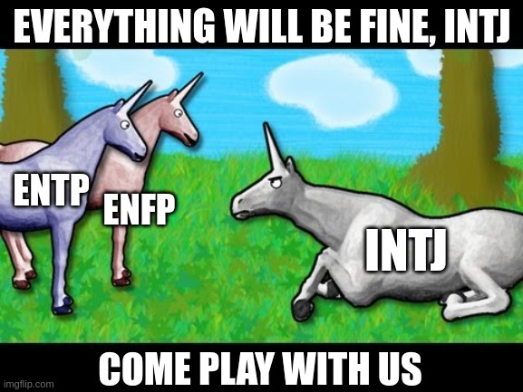 Play with Us | EVERYTHING WILL BE FINE, INTJ; ENTP; ENFP; INTJ; COME PLAY WITH US | image tagged in charlie unicorn,entp,enfp,intj,mbti,myers briggs | made w/ Imgflip meme maker