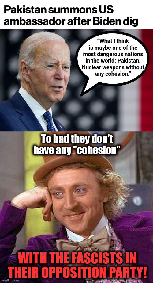 Worse than a mean tweet! | “What I think
is maybe one of the
most dangerous nations
in the world: Pakistan.
Nuclear weapons without
any cohesion.”; To bad they don't have any "cohesion"; WITH THE FASCISTS IN THEIR OPPOSITION PARTY! | image tagged in memes,creepy condescending wonka,pakistan,nuclear weapons,cohesion,fascists | made w/ Imgflip meme maker