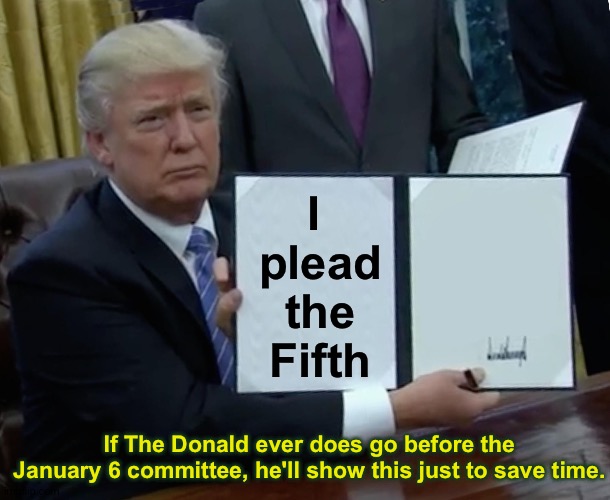 Trump's flash card | I 
plead
 the 
Fifth; If The Donald ever does go before the January 6 committee, he'll show this just to save time. | image tagged in memes,trump bill signing | made w/ Imgflip meme maker