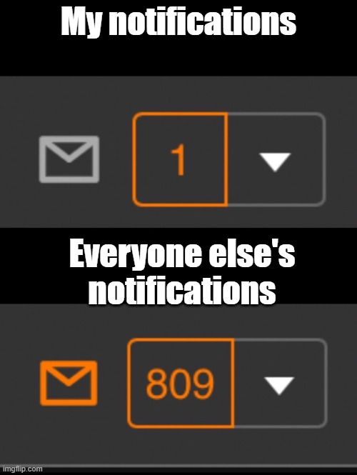 1 notification vs. 809 notifications with message | My notifications; Everyone else's notifications | image tagged in 1 notification vs 809 notifications with message | made w/ Imgflip meme maker