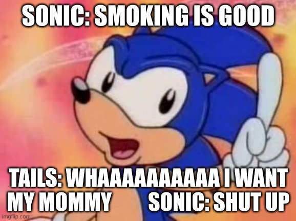 smoking! | SONIC: SMOKING IS GOOD; TAILS: WHAAAAAAAAAA I WANT MY MOMMY         SONIC: SHUT UP | image tagged in sonic sez | made w/ Imgflip meme maker