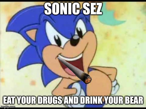 Sonic sez | SONIC SEZ; EAT YOUR DRUGS AND DRINK YOUR BEAR | image tagged in sonic sez | made w/ Imgflip meme maker