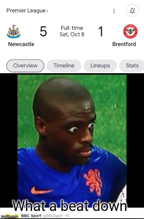 Brentford had a good first half, but just basically let Newcastle score the entire second half | What a beat down | image tagged in soccer | made w/ Imgflip meme maker