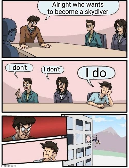 Anti-meme 25 | Alright who wants to become a skydiver; I don't; I don't; I do | image tagged in memes,boardroom meeting suggestion | made w/ Imgflip meme maker