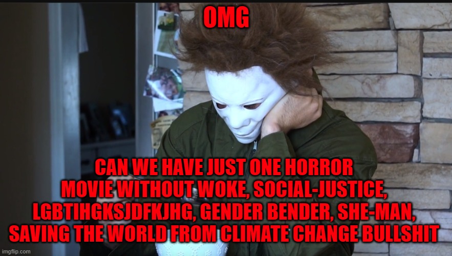 Sad Michael myers |  OMG; CAN WE HAVE JUST ONE HORROR MOVIE WITHOUT WOKE, SOCIAL-JUSTICE, LGBTIHGKSJDFKJHG, GENDER BENDER, SHE-MAN, SAVING THE WORLD FROM CLIMATE CHANGE BULLSHIT | image tagged in sad michael myers | made w/ Imgflip meme maker