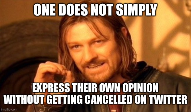 One does not simply | ONE DOES NOT SIMPLY; EXPRESS THEIR OWN OPINION WITHOUT GETTING CANCELLED ON TWITTER | image tagged in memes,one does not simply | made w/ Imgflip meme maker