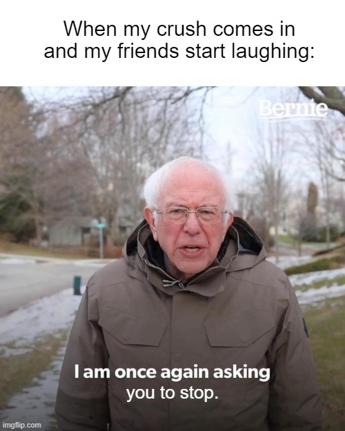 clever title | When my crush comes in and my friends start laughing:; you to stop. | image tagged in memes,bernie i am once again asking for your support | made w/ Imgflip meme maker