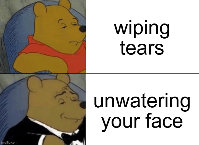 smorts | wiping tears; unwatering your face | image tagged in memes,tuxedo winnie the pooh | made w/ Imgflip meme maker