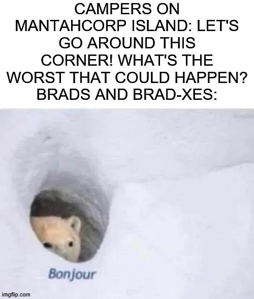 Dang BRADs | CAMPERS ON MANTAHCORP ISLAND: LET'S GO AROUND THIS CORNER! WHAT'S THE WORST THAT COULD HAPPEN?
BRADS AND BRAD-XES: | image tagged in bonjour,camp cretaceous | made w/ Imgflip meme maker