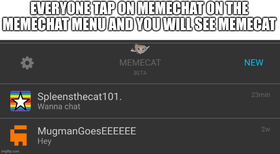 Just found this out | EVERYONE TAP ON MEMECHAT ON THE MEMECHAT MENU AND YOU WILL SEE MEMECAT | made w/ Imgflip meme maker