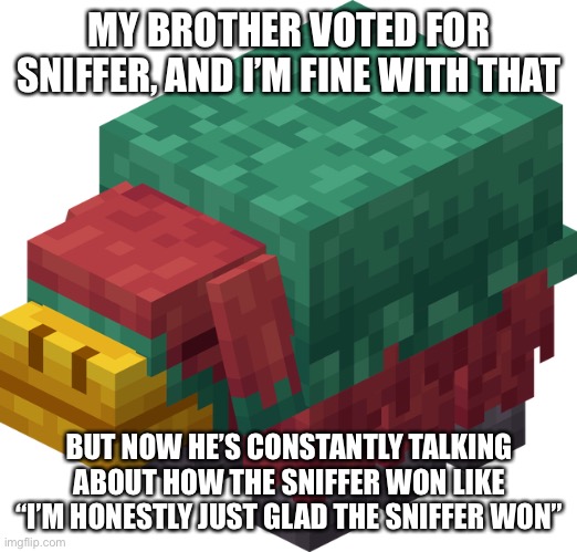 Yay the sniffer won we get it now shut up about the sniffer! | MY BROTHER VOTED FOR SNIFFER, AND I’M FINE WITH THAT; BUT NOW HE’S CONSTANTLY TALKING ABOUT HOW THE SNIFFER WON LIKE “I’M HONESTLY JUST GLAD THE SNIFFER WON” | image tagged in minecraft sniffer | made w/ Imgflip meme maker