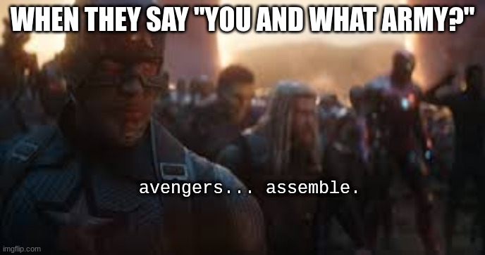ASSEMBLE | WHEN THEY SAY "YOU AND WHAT ARMY?"; avengers... assemble. | image tagged in avengers assemble | made w/ Imgflip meme maker