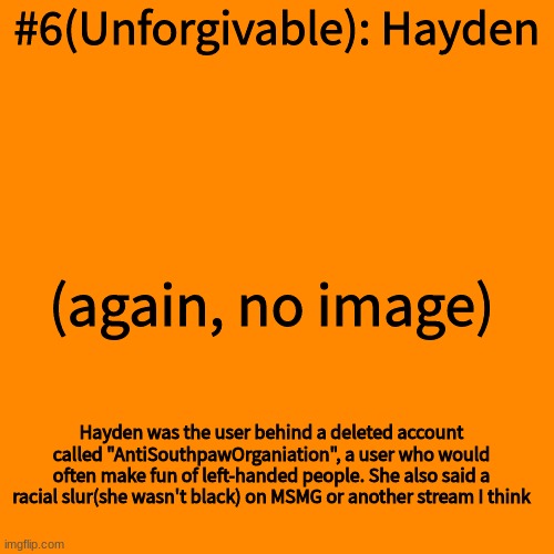 Blank Transparent Square Meme | #6(Unforgivable): Hayden; (again, no image); Hayden was the user behind a deleted account called "AntiSouthpawOrganiation", a user who would often make fun of left-handed people. She also said a racial slur(she wasn't black) on MSMG or another stream I think | image tagged in memes,blank transparent square | made w/ Imgflip meme maker