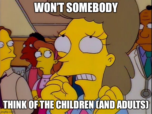 Children | WON’T SOMEBODY; THINK OF THE CHILDREN (AND ADULTS) | image tagged in won't somebody think of the children,children,adults | made w/ Imgflip meme maker