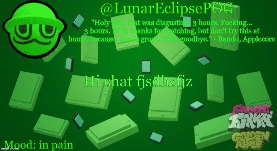 Luna's Bandu temp | Hi chat fjsdhzfjz; Mood: in pain | image tagged in luna's bandu temp | made w/ Imgflip meme maker